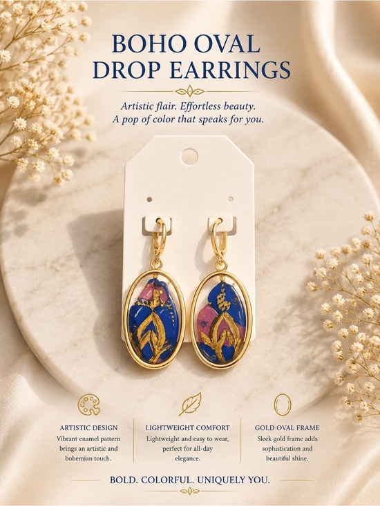 Handmade Jewelry - Boho Oval Drop Earrings - Blue & Pink Enamel with Gold Frame